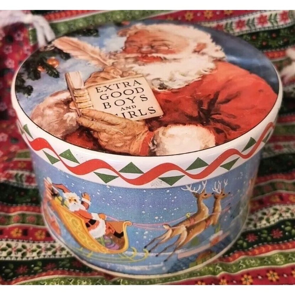 Santa and Flying Reindeer Tin, Naughty and Nice List, Vintage Daher England